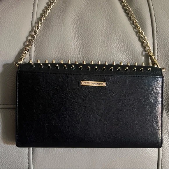 Rebecca Minkoff Crossbody Bag Studded Chain Black Leather Gold Biker Grunge Rock - Picture 13 of 16